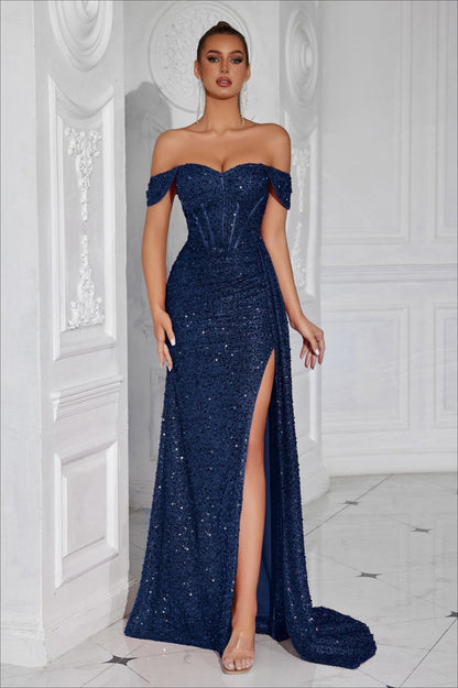 Beaded Bustier High Slit Formal Dress