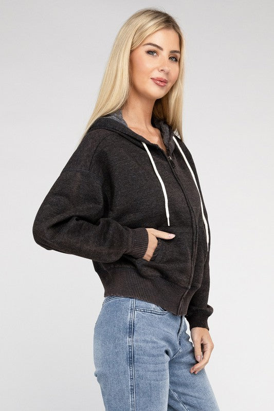 Fabiana | Cropped acid wash fleece zip-up hoodie