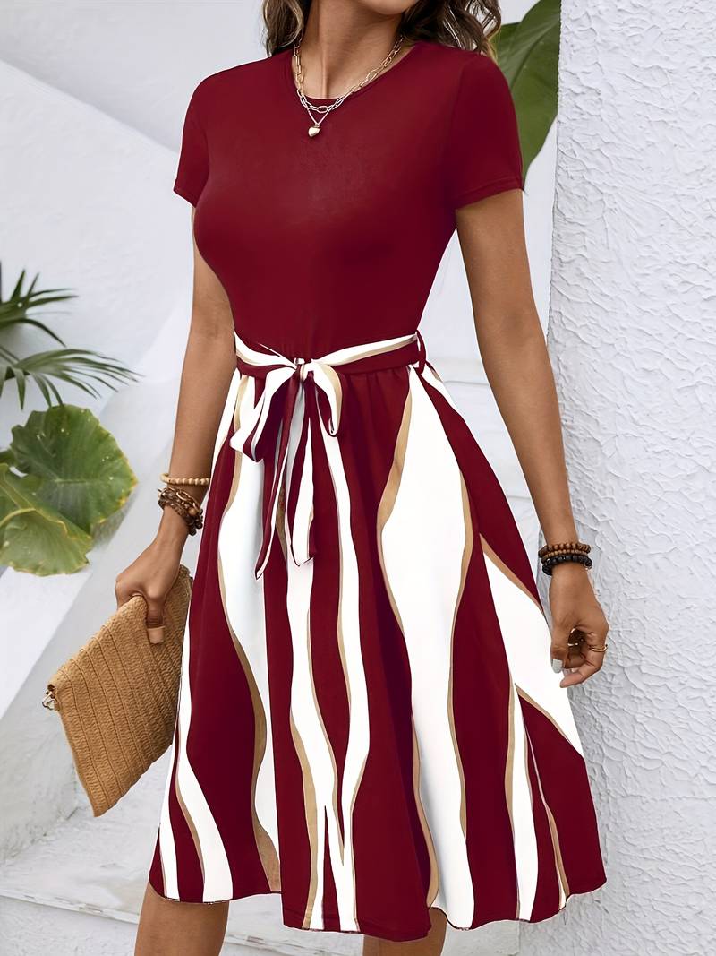 Holly® | Elegant Short-Sleeved Dress With Self-Tie Belt