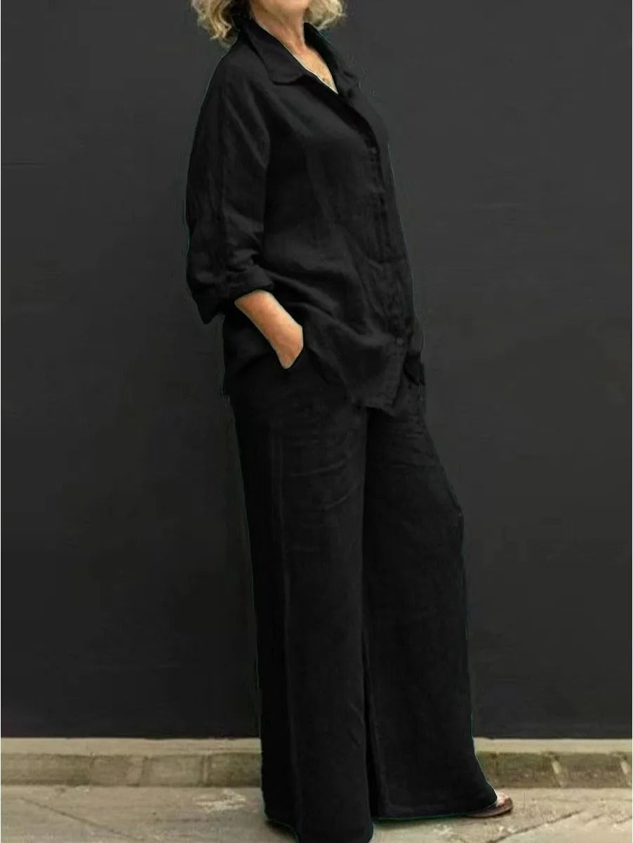 Juliana® | Long Sleeve Button Blouse And Loose Straight Trousers For Women