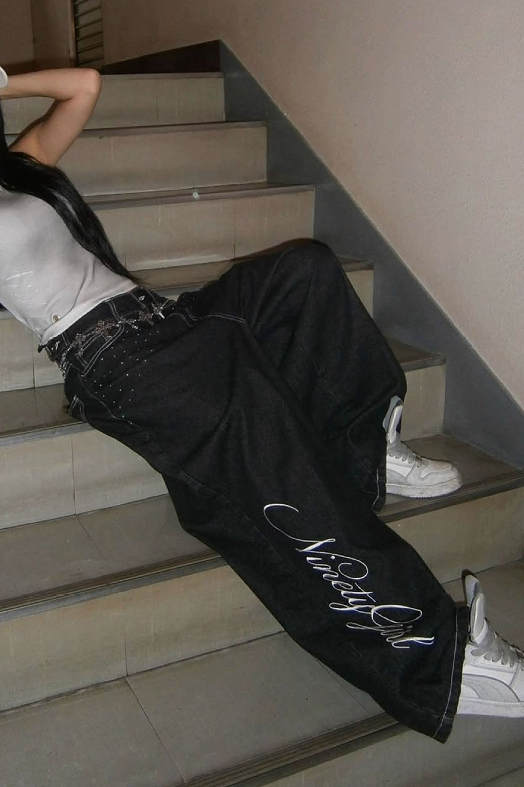 Angel Wing Embroidery Rhinestone Straight Jeans