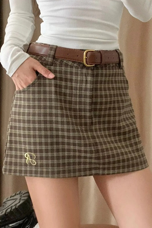 Letter Embroidery Plaid Low Waist Skirt