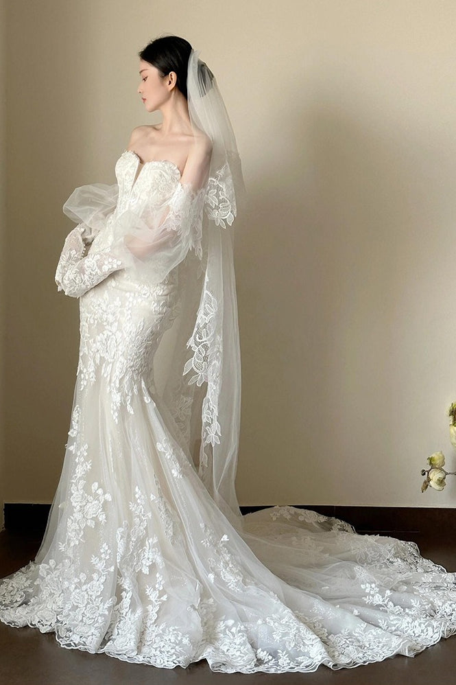 Lace Strapless Mermaid Train Wedding Dress