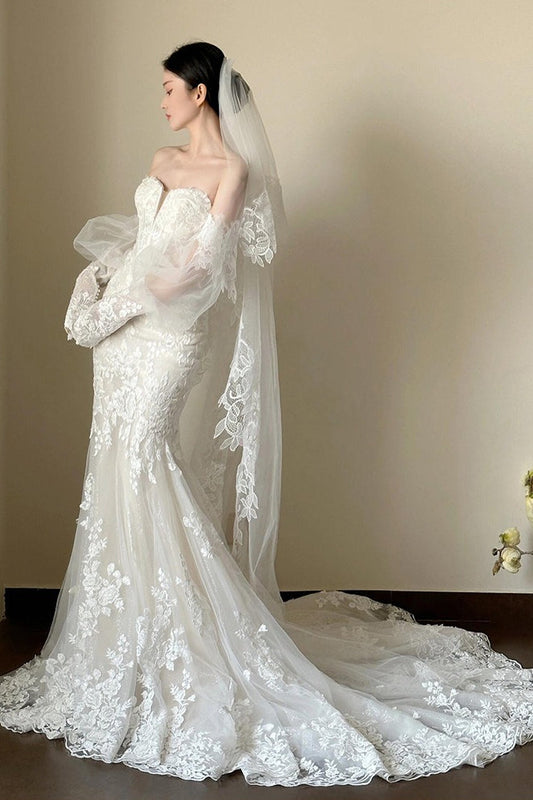 Lace Strapless Mermaid Train Wedding Dress