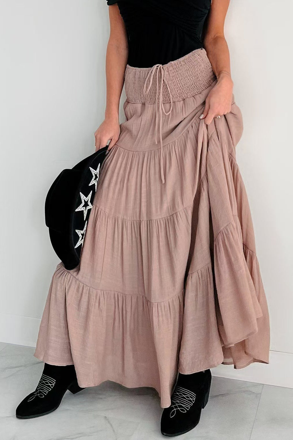Boho Chic High Waisted Contrast Drawstring A Line Maxi Skirt