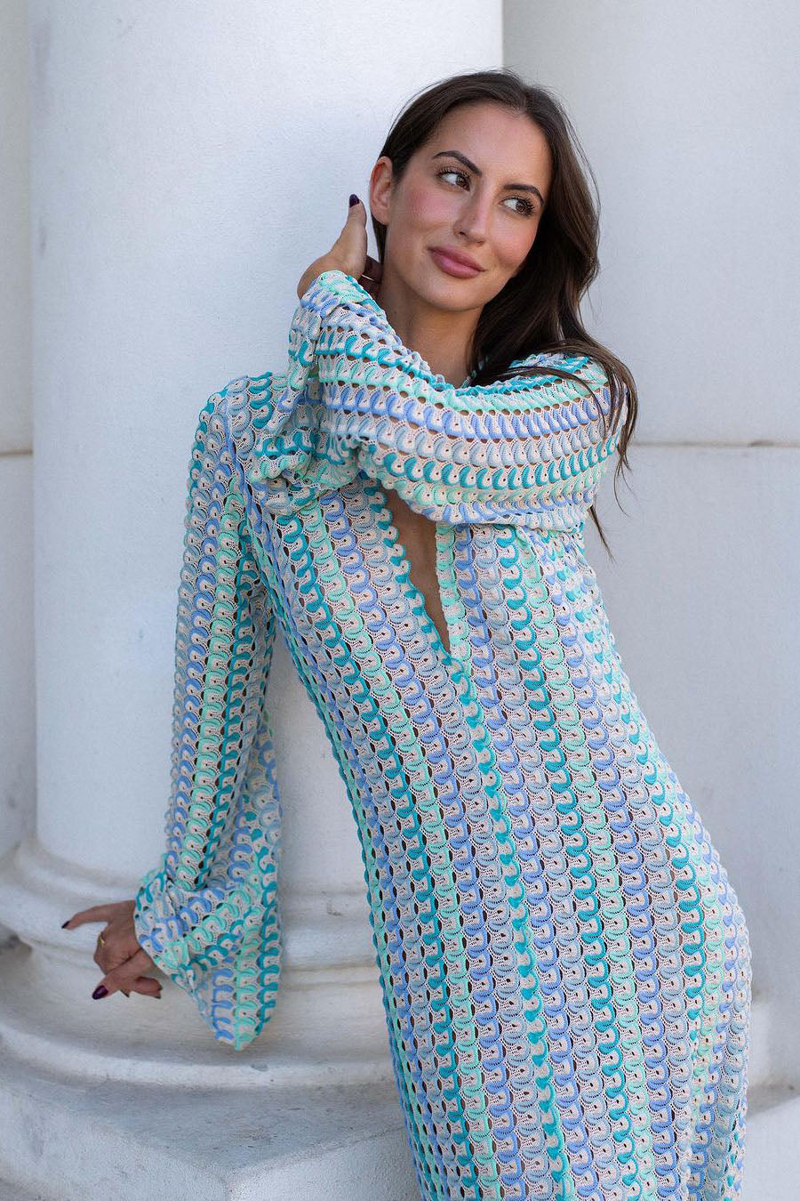 Pilar® | Boho V-Neck Bell Sleeve Maxi Dress, Wavy Striped Crochet Beach Holiday Maxi Dress