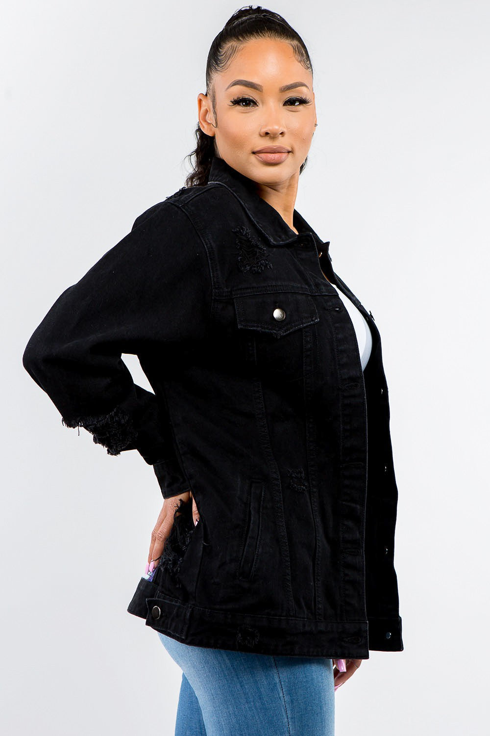 Estela | American Bazi full size distressed denim button down jacket