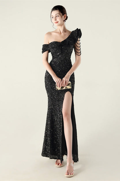 Draped One Shoulder Ruffle Formal Dress