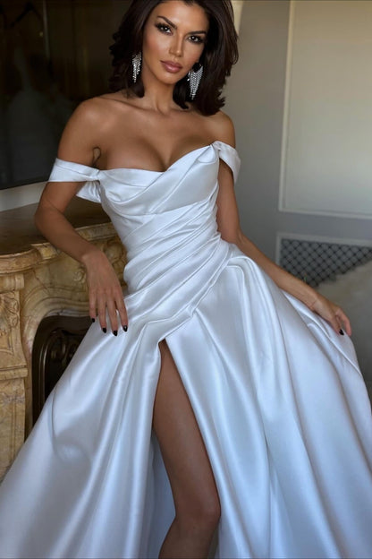Off Shoulder Satin Ruched High Slit Wedding Dress