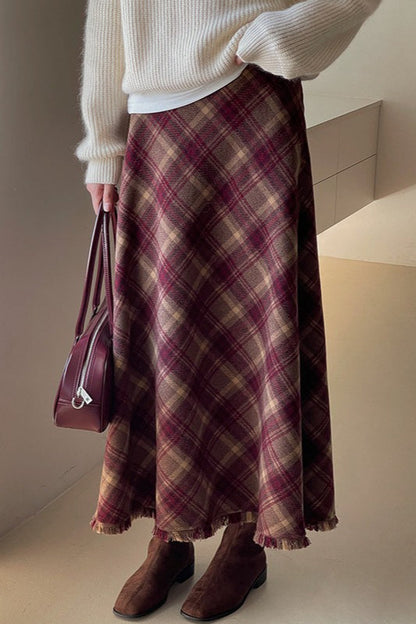 Red Plaid Wool Bodycon Skirt