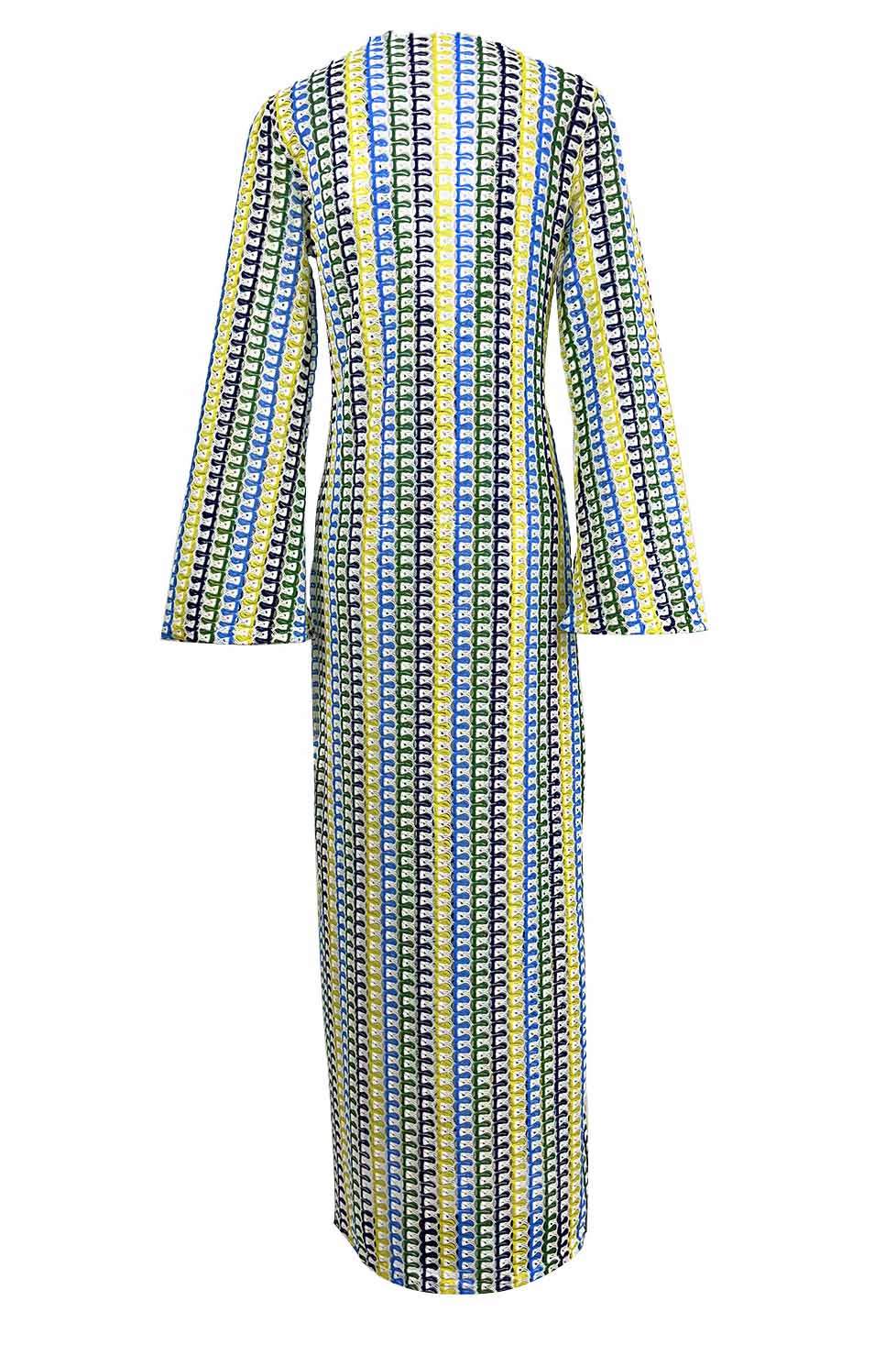 Pilar® | Boho V-Neck Bell Sleeve Maxi Dress, Wavy Striped Crochet Beach Holiday Maxi Dress