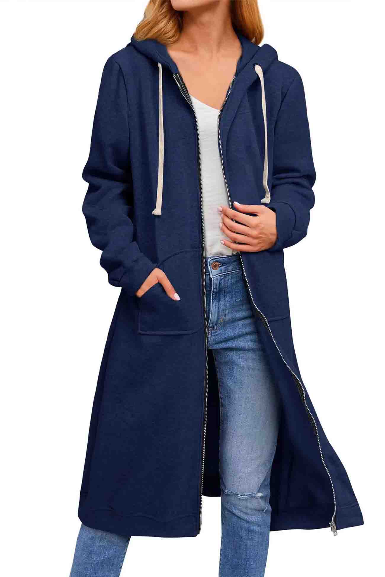 Jacqueline | Solid long cardigan with hood and drawstring and zip fastening