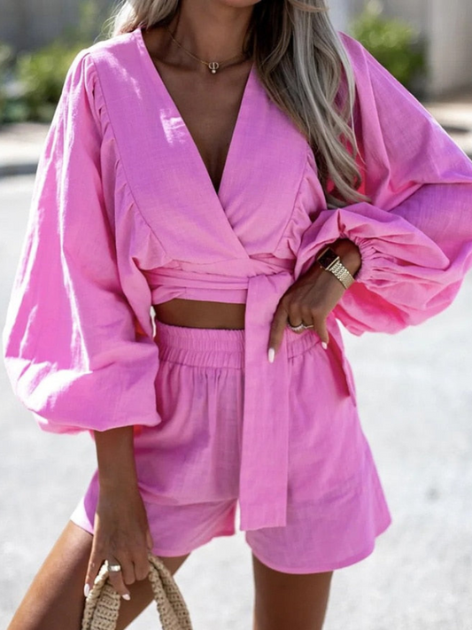 Silvana® | V-Neck Long-Sleeved Tie-Dye Shorts Summer Set