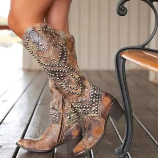Cheri | Edgy High Boots – Distressed Faux Leather – Rivet Detail – Thick Heel – Side Zipper