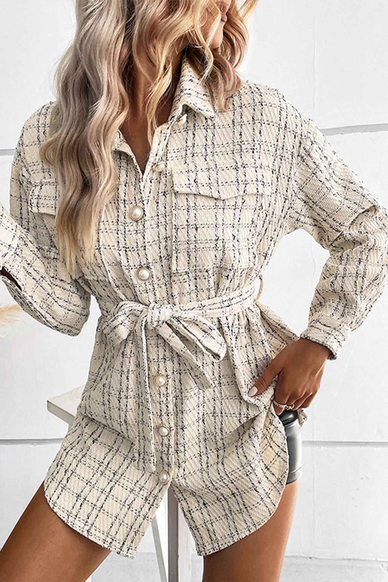 Vanessa | Checked belted jacket with button placket and pocket