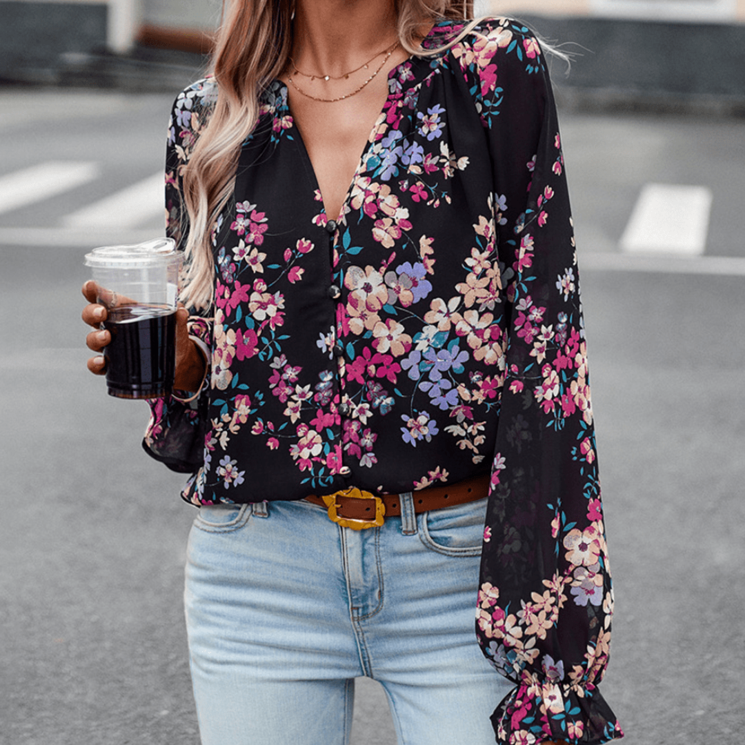 Sophia® | Elegant Floral Long-Sleeved V-Neck Blouse