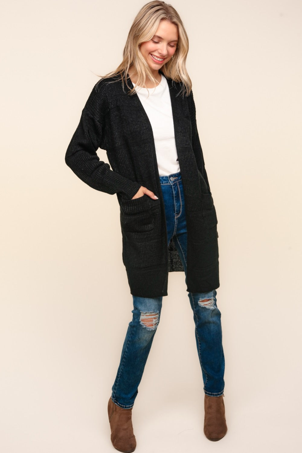 Judith | Structured, open front cardigan with tactile stripes and pockets