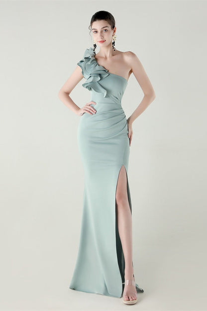 Ruffled Floral One Shoulder Satin Party Dress