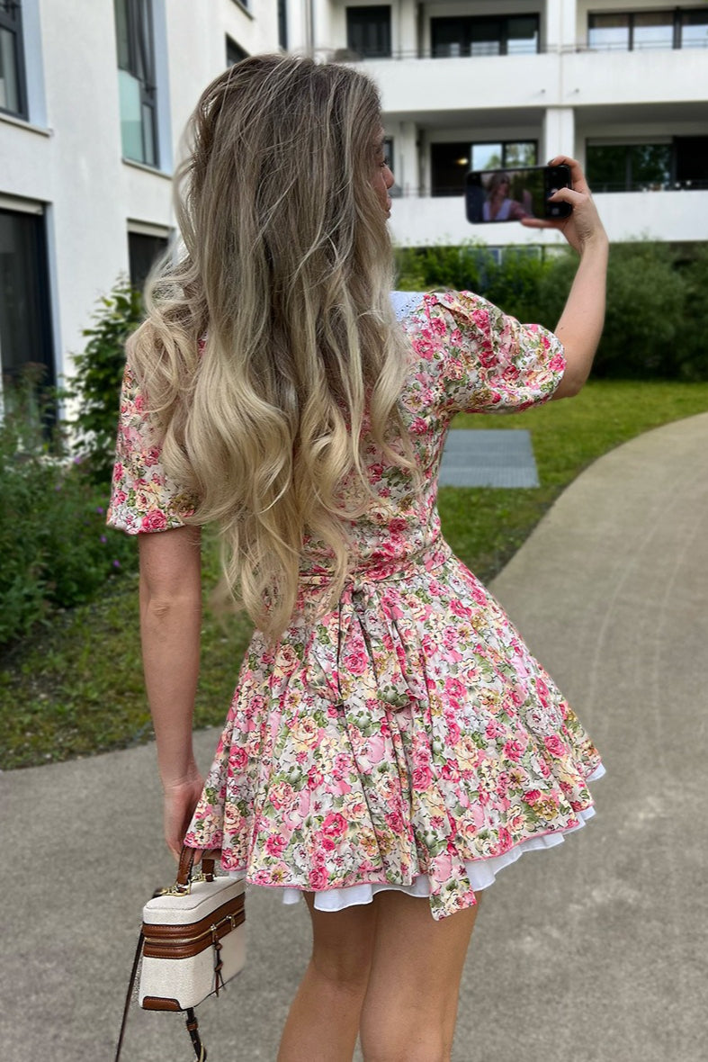 Peter Pan Collar Floral Puff Sleeve Button Mini Dress