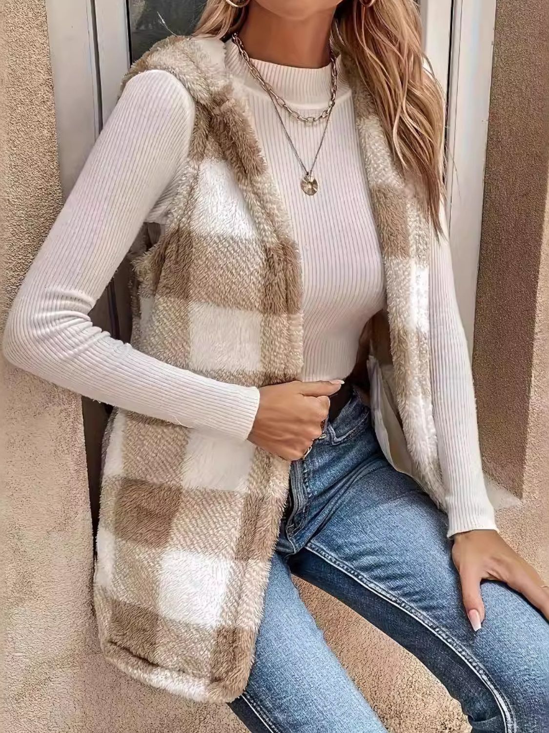 Esther | Fluffy checked vest coat with hood