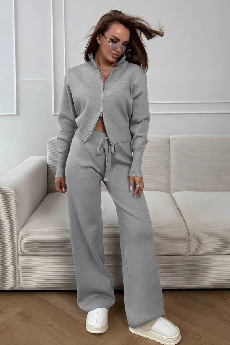 Two-Way Zipper Fitted Knit Commuter Two Piece Set