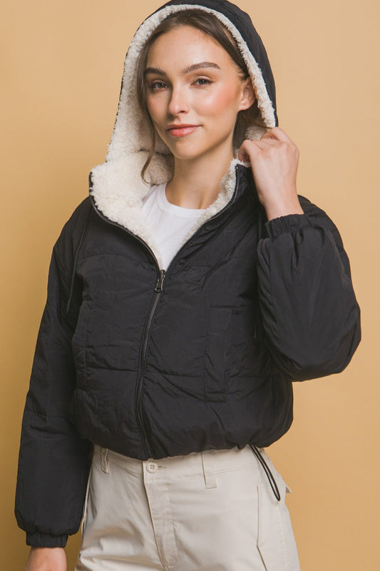 Laura | Love Tree cropped reversible hooded zip-up sherpa jacket