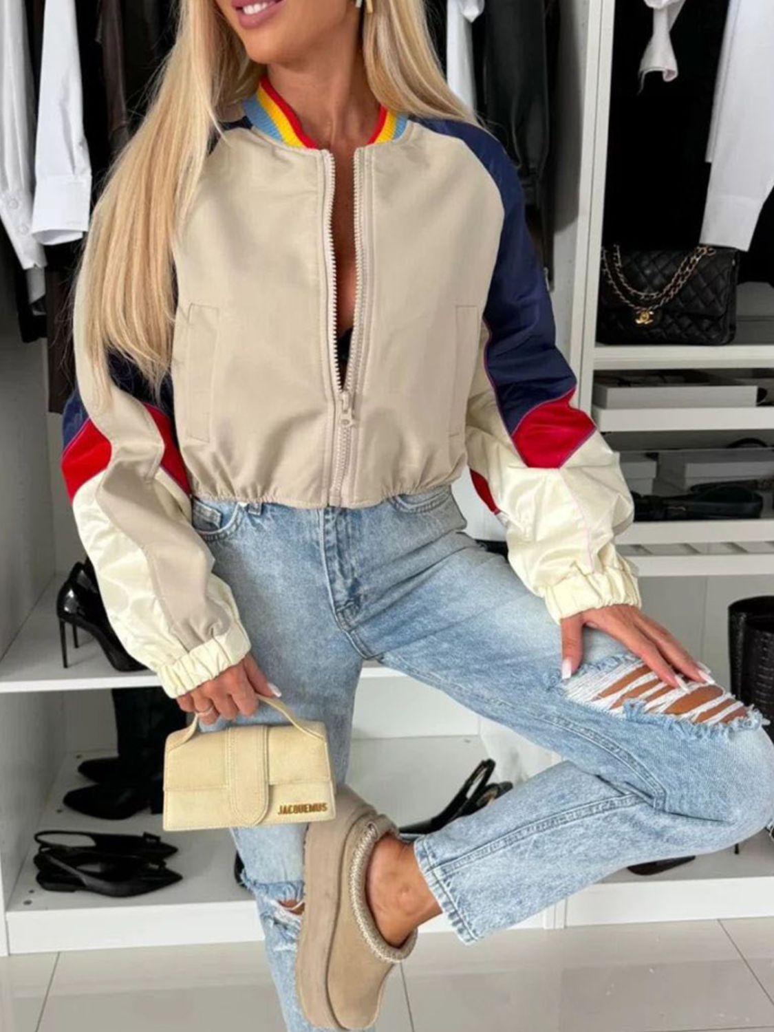 Emma | Long sleeve jacket with a contrasting baseball collar and zip fastening