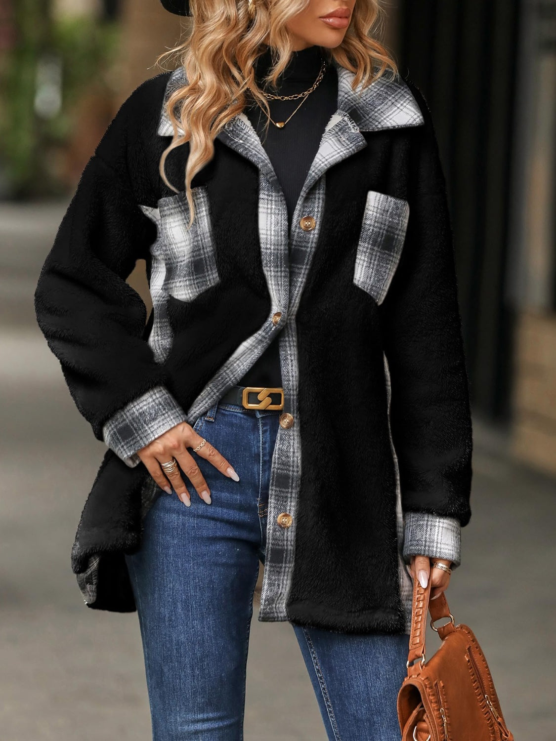 Marta | Checked buttoned fluffy outerwear with long sleeves