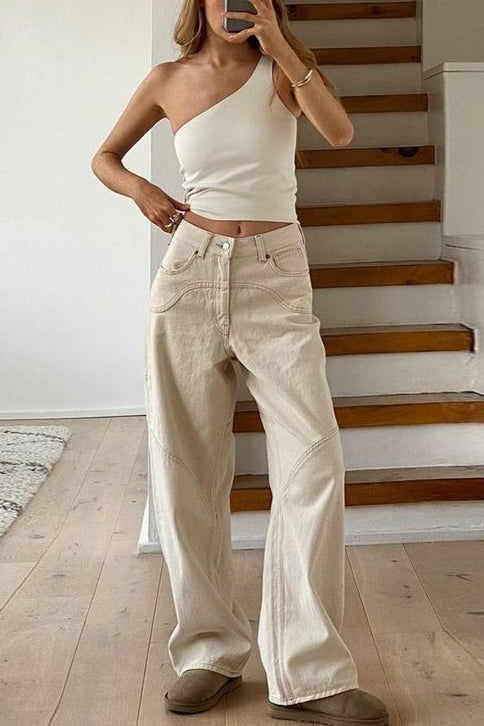 Off White High Waist Loose Straight Jeans