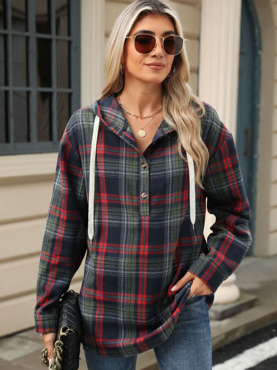 Nathalie | Long sleeve top with drawstring and checked hood