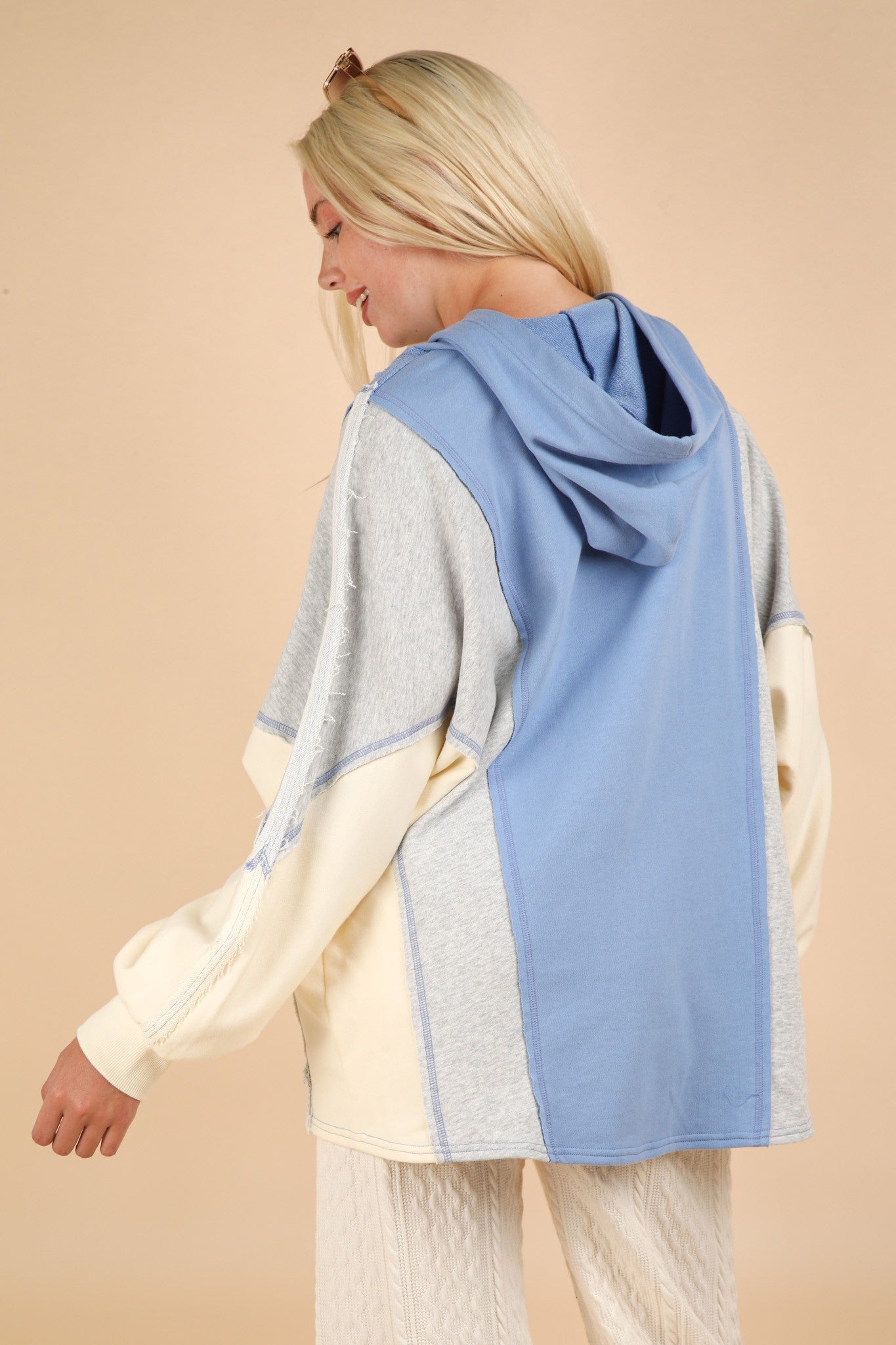 Pilar | VERY J hoodie with exposed seams and color block half buttons