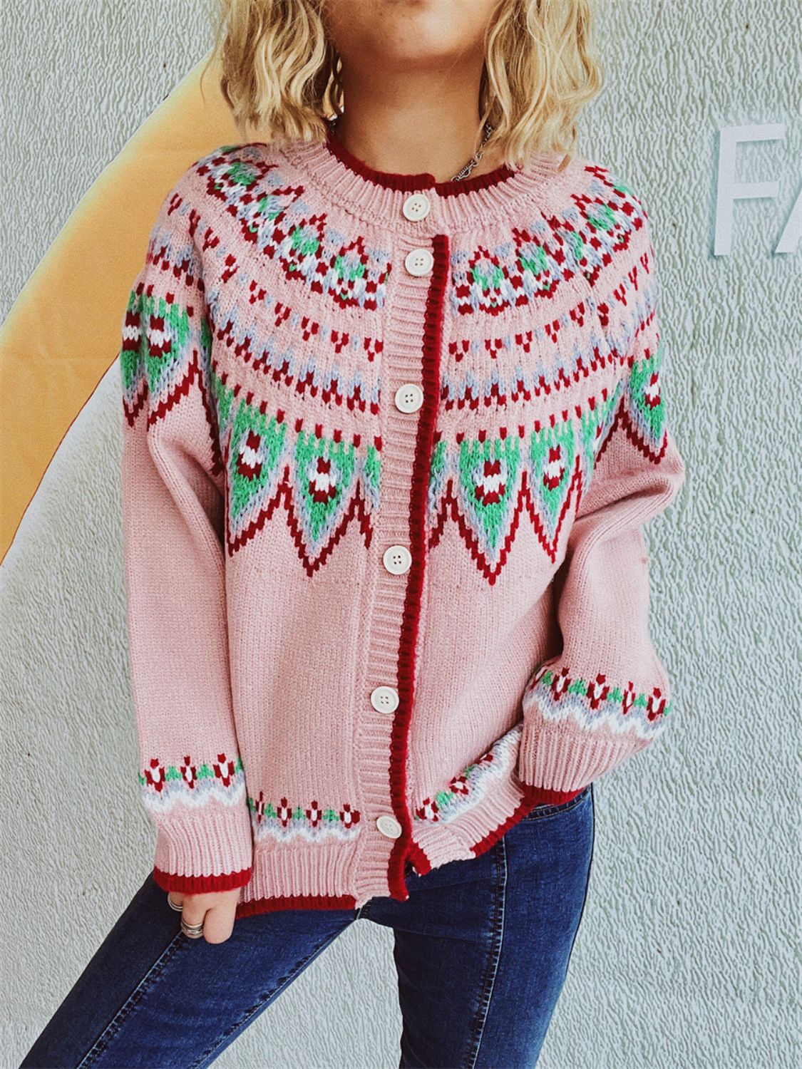 Diana | Long sleeve cardigan with a contrasting geometric crew neck