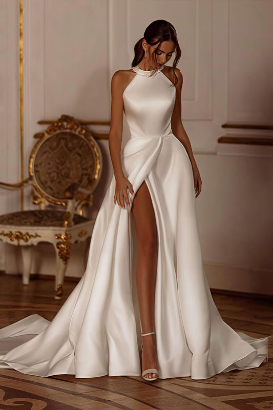 Elegant Satin Halter Train Reception Dress