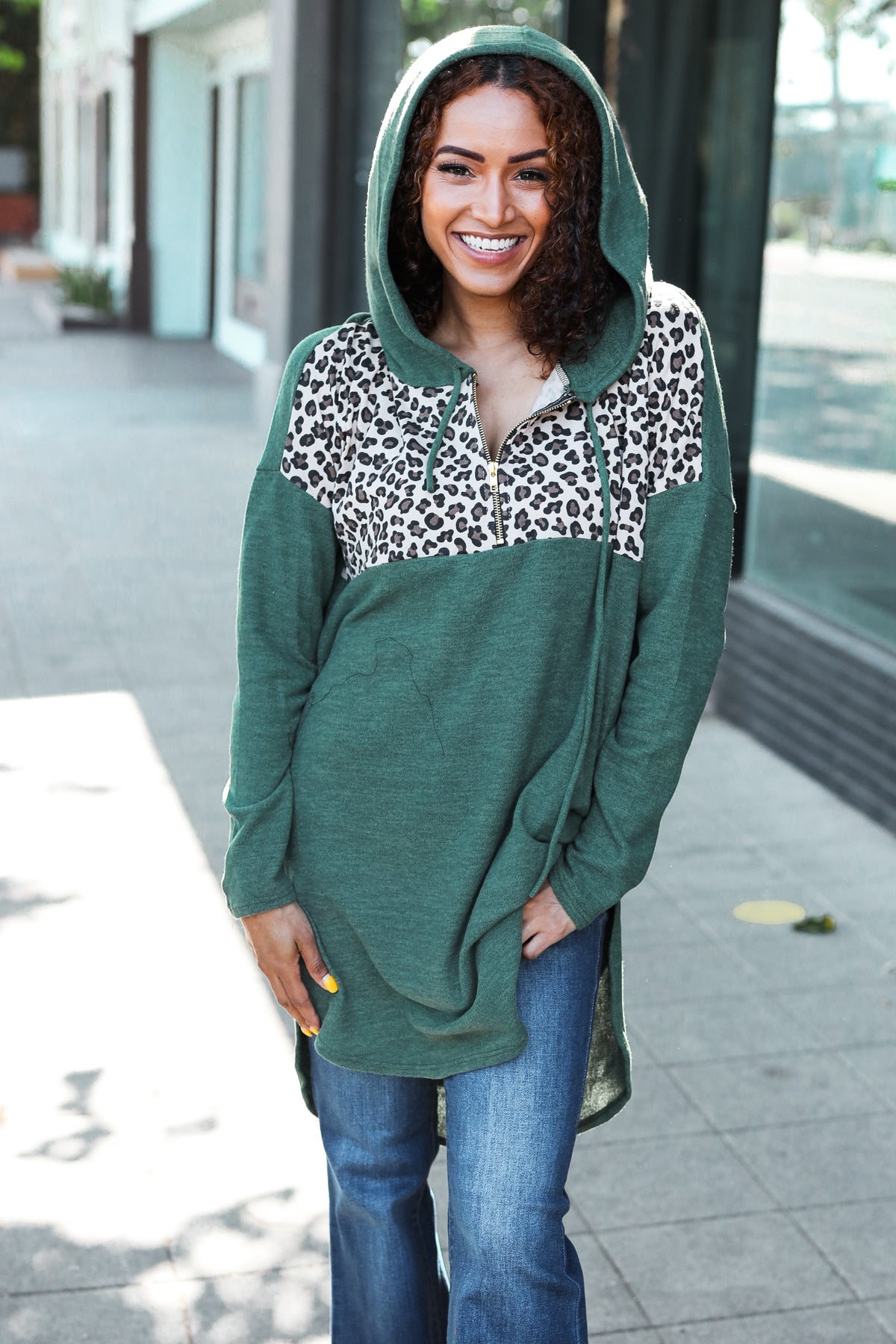 Viola | Diva Dreams Longline half zip hoodie in olive leopard print