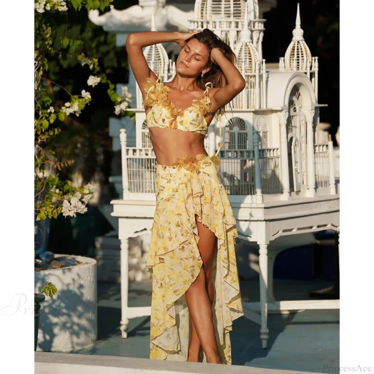 3D Floral Push up Skirt Two Piece Set