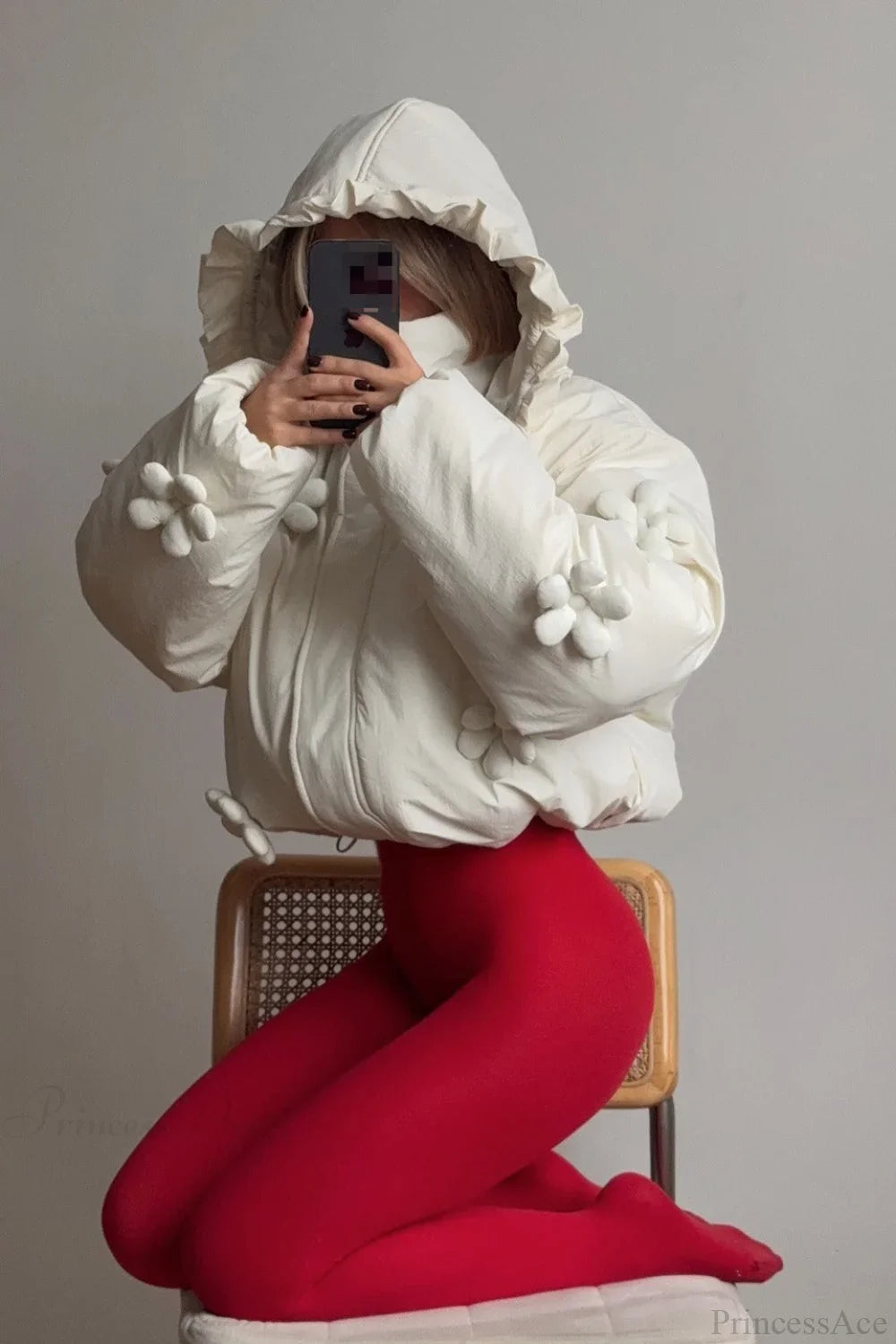 3D Floral Ruffled Hood Cropped Padded Coat