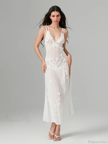 3D Flower Decor Backless Deep V Slit See-Through Beach Floral Dress