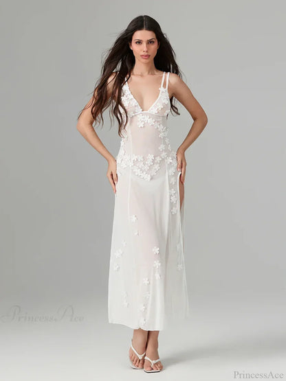 3D Flower Decor Backless Deep V Slit See-Through Beach Floral Dress
