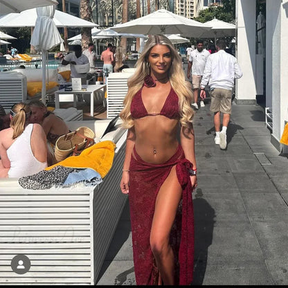 3D Flower Fringed Skirt Three Piece Swimsuit