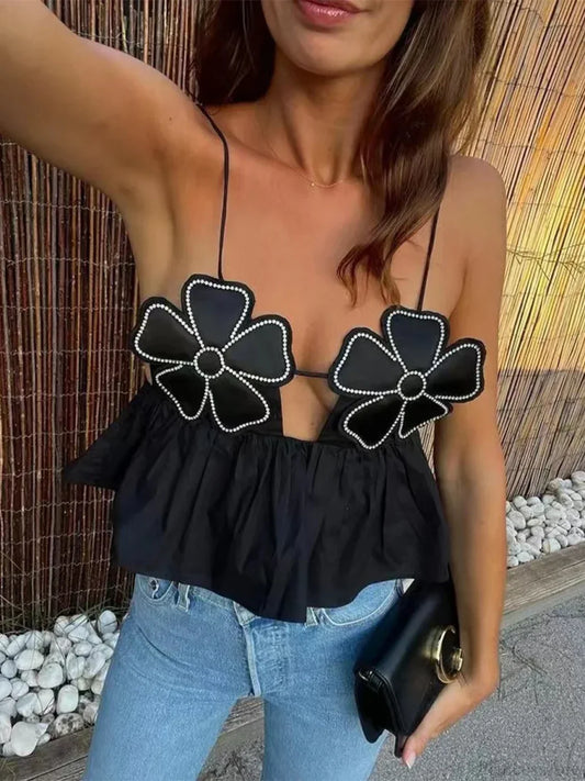 3D Flower Spaghetti Strap Backless Crop Top