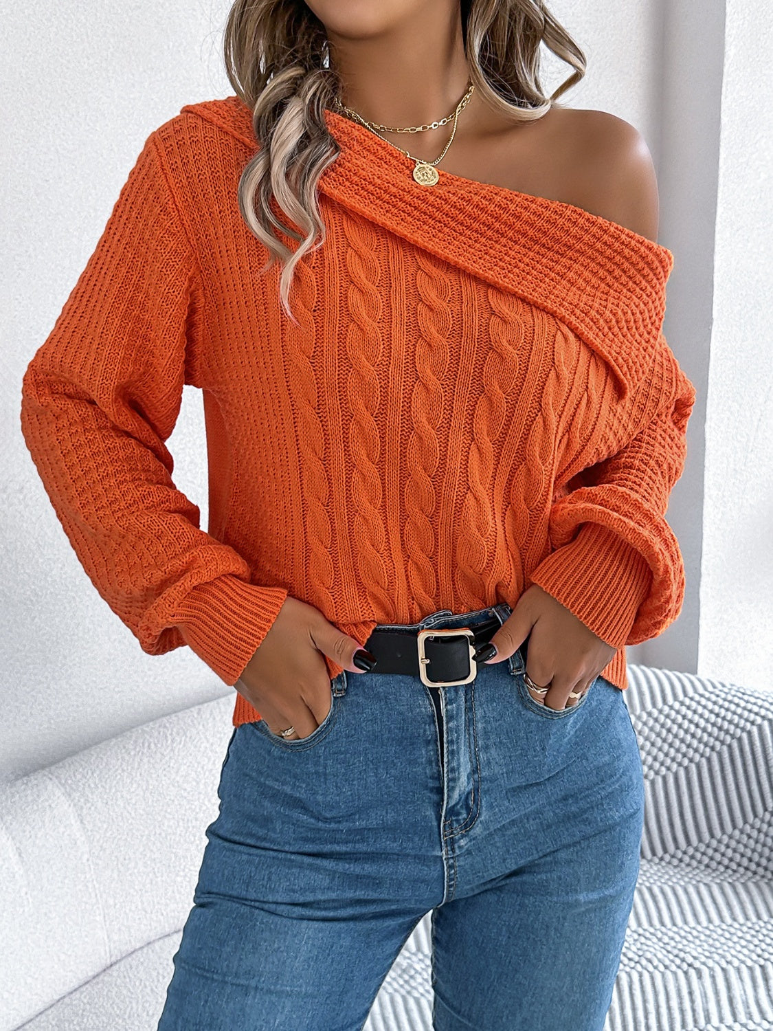 Olivia | Long sleeve cable knit sweater with one shoulder