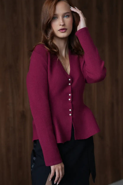 Solid Fitted Ruffled Hem Long Sleeve Knit Cardigan