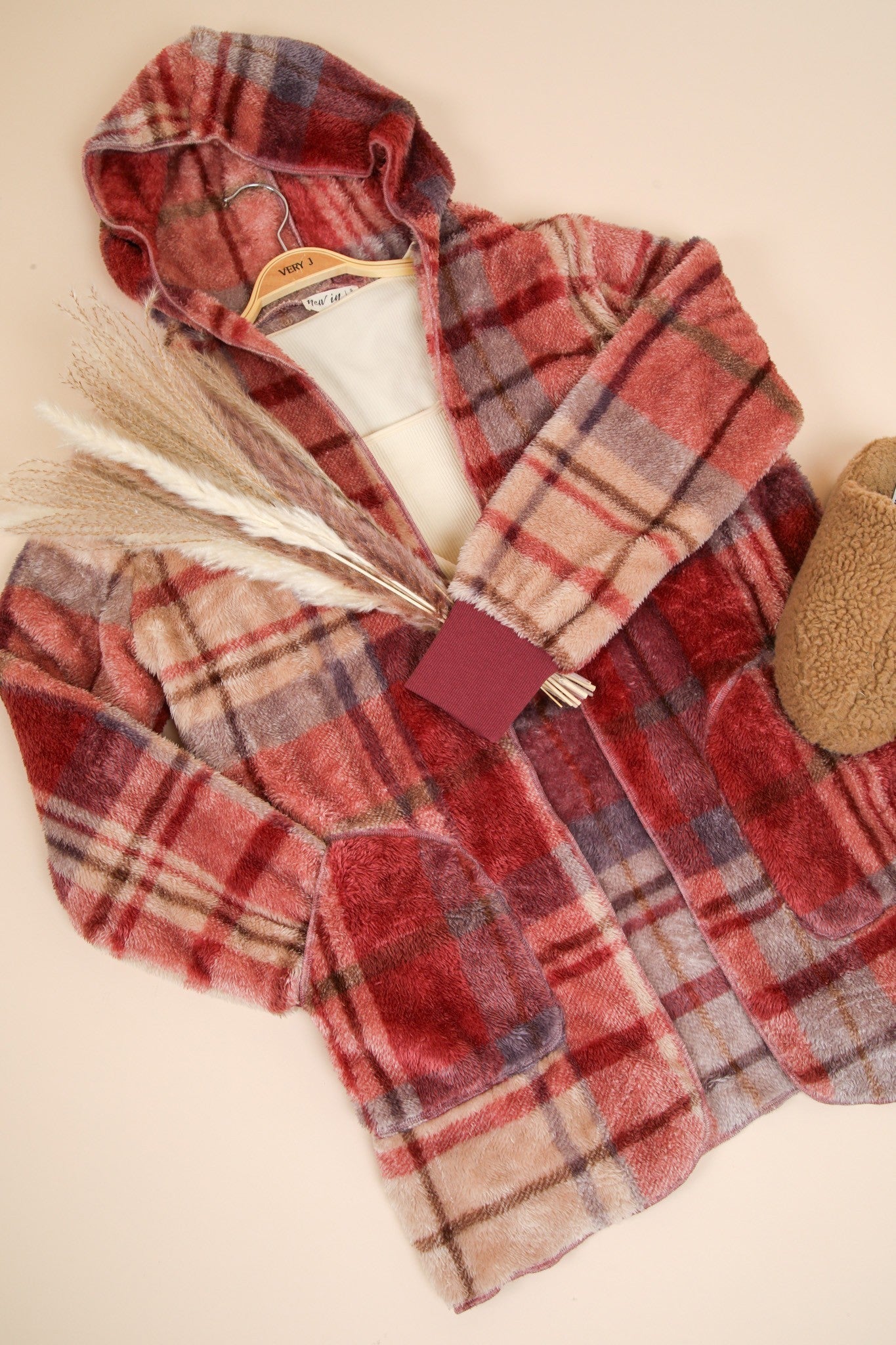 Paloma | VERY J Fuzzy Plaid Long Sleeve Hooded Jacket