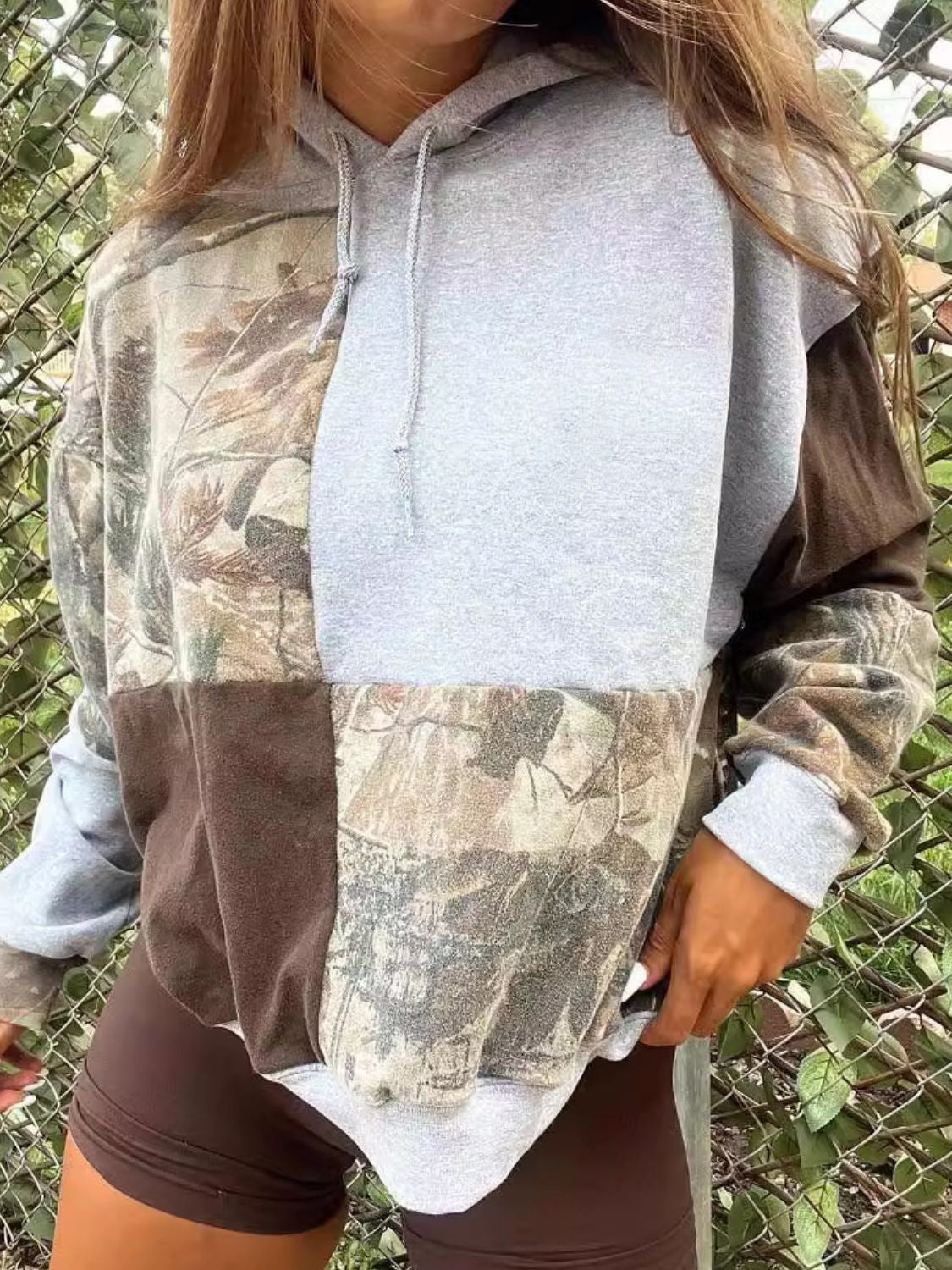 Eva | Full size long sleeve drawstring patchwork hoodie