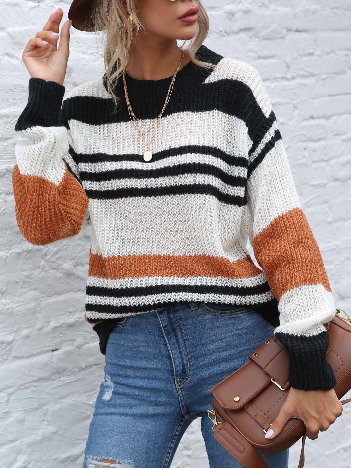 Nadine | Contrasting striped long-sleeved sweater with a crew neck