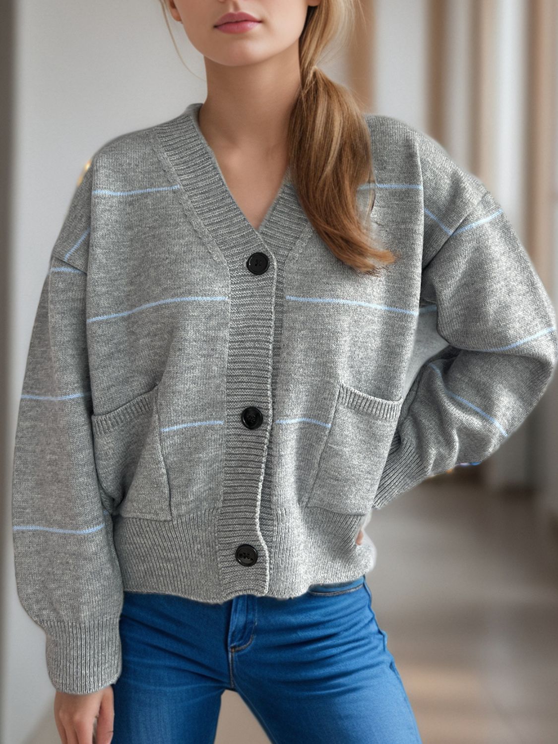 Flavia | Striped, long-sleeved cardigan with button placket and V-neck