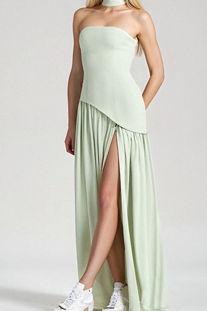 Solid Bustier High Slit Formal Dress