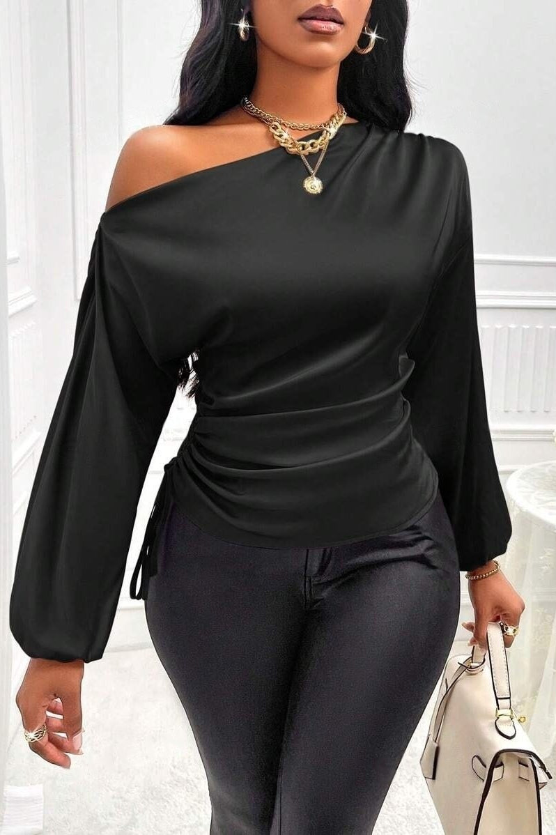 Satin Asymmetric Collar Ruched Waist Long Sleeve Tee