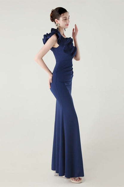 Ruffled Floral One Shoulder Satin Party Dress