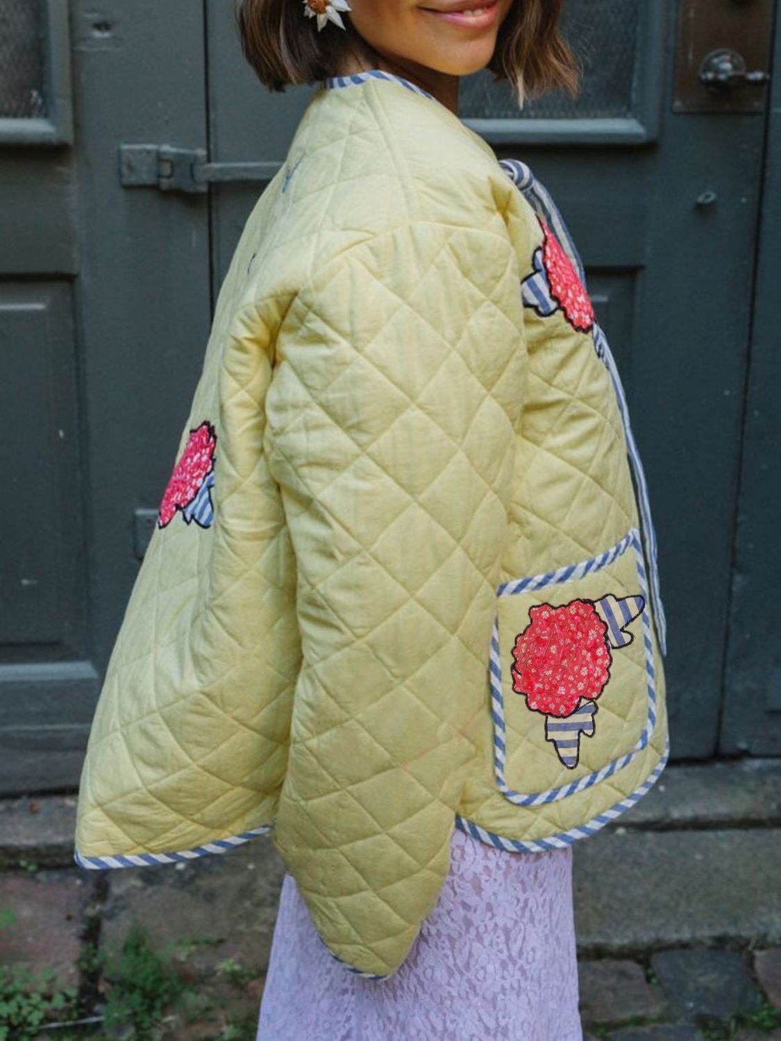 Alicia | Long sleeve winter coat with embroidered floral tie